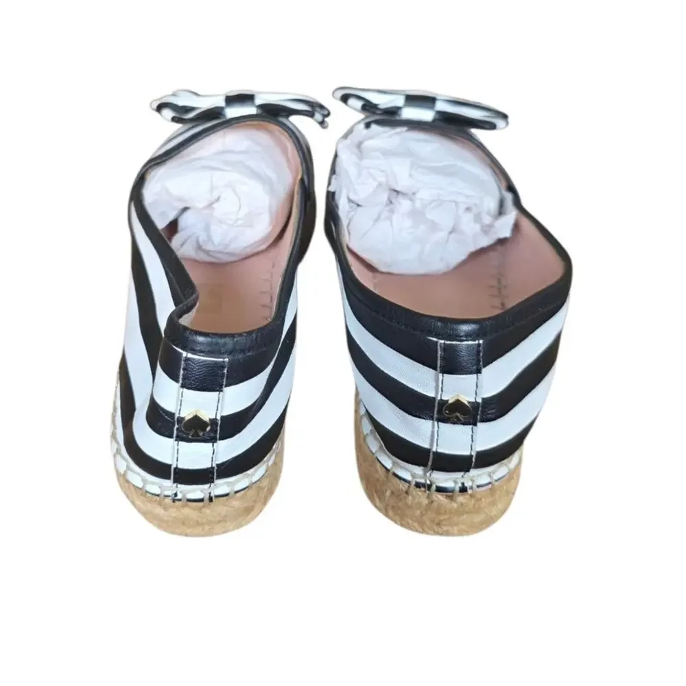 Kate Spade NY LINDS Striped Leather Bow Espadrille Flats Black White Sz 9